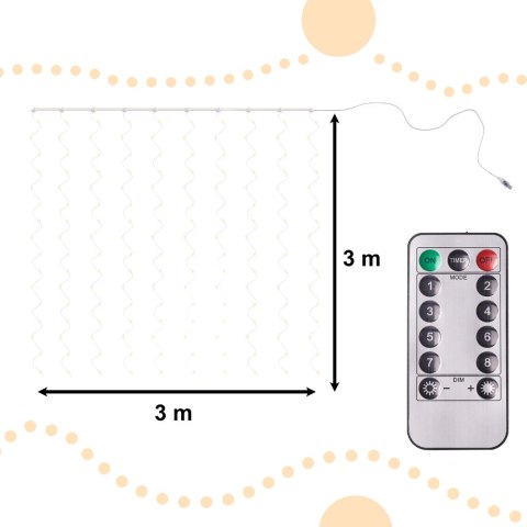 Lampki LED kurtyna girlanda druciki świąteczne choinkowe 3x3m 300LED ciepły biały pilot USB