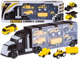 Czarna Ciężarówka, Transporter + Auta, Otwierana Laweta, Pojazdy Budowlane, Traktor, Jeep 6w1