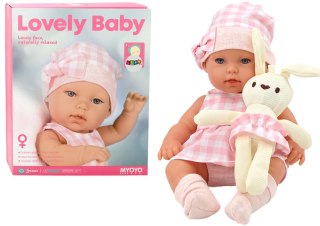 LALKA BOBAS W NOSIDEŁKU Z KRÓLICZKIEM UBRANKO W KRATĘ CZAPKA RÓŻOWA