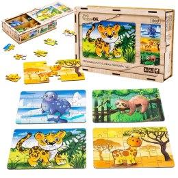 Drewniane Puzzle 4w1 Dzikie Zwierzęta Układanka Zestaw Żyrafa Leniwiec