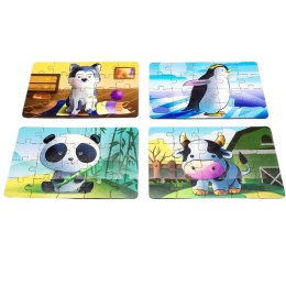 Drewniane Puzzle 4w1 Zwierzęta Układanka Zestaw Krówka Piesek Panda Pingwin