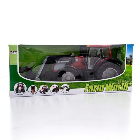 DUŻY TRAKTOR Z KOPARKĄ FARM WORLD SKRĘTNE KOŁA OTWIERANE DRZWI RUCHOMA ŁYŻKA