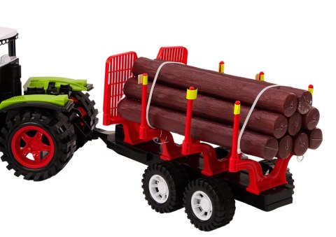 DUŻY TRAKTOR FARMERSKI Z PRZYCZEPĄ NA DREWNO 9 BALI NAPĘD 80CM DETALE