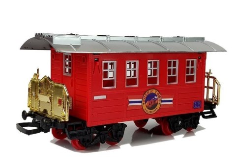 KOLEJKA POCIĄG LOKOMOTYWA RETRO NA BATERIE Z WAGONEM DYM DŹWIĘKI ŚWIATŁA