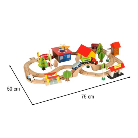 KOLEJKA DREWNIANA TOR SAMOCHODOWY 2W1 POCIĄG LOKOMOTYWA MIASTO ZESTAW 69EL.