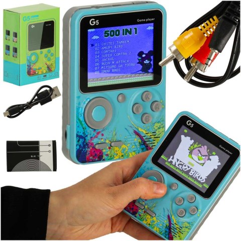 KONSOLA DO GIER GRA ELEKTRONICZNA MINI RETRO G5 NIEBIESKA 500 GIER LCD AKUMULATOR