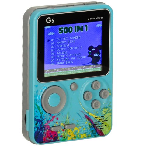 KONSOLA DO GIER GRA ELEKTRONICZNA MINI RETRO G5 NIEBIESKA 500 GIER LCD AKUMULATOR