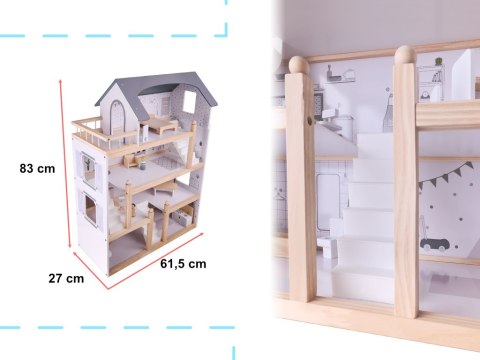 DUŻY DREWNIANY DOMEK DLA LALEK 83CM 19 MEBELKÓW 4 PIĘTRA 4 FIGURKI WYTRZYMAŁY