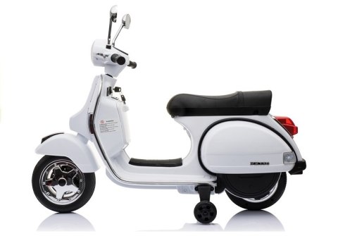 SKUTER MOTOR NA AKUMULATOR DLA DZIECKA VESPA 2X45W KOŁA EVA SKÓRA LED MP3