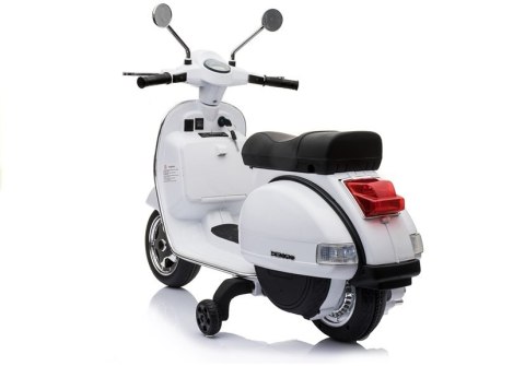 SKUTER MOTOR NA AKUMULATOR DLA DZIECKA VESPA 2X45W KOŁA EVA SKÓRA LED MP3