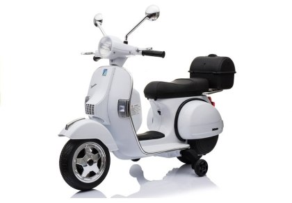 SKUTER MOTOR NA AKUMULATOR DLA DZIECKA VESPA 2X45W KOŁA EVA SKÓRA LED MP3