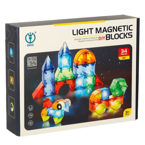 ŚWIECĄCE KLOCKI MAGNETYCZNE 3D LED ZESTAW KONSTRUKCYJNY 32 EL.