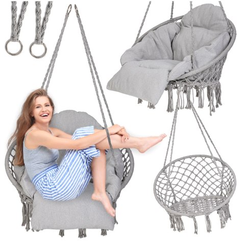 HUŚTAWKA OGRODOWA BOCIANIE GNIAZDO XXL FOTEL WISZĄCY Z PODUSZKĄ SZARY DO 150KG