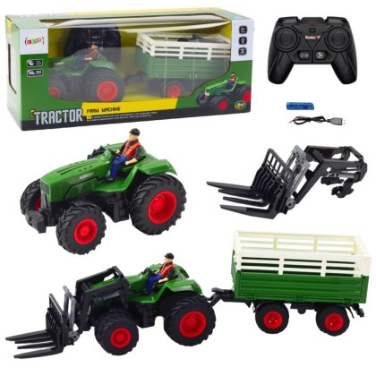 TRAKTOR ROLNICZY ZDALNIE STEROWANY RC 1:24 Z PRZYCZEPĄ I WIDŁAMI PILOT 2.4G