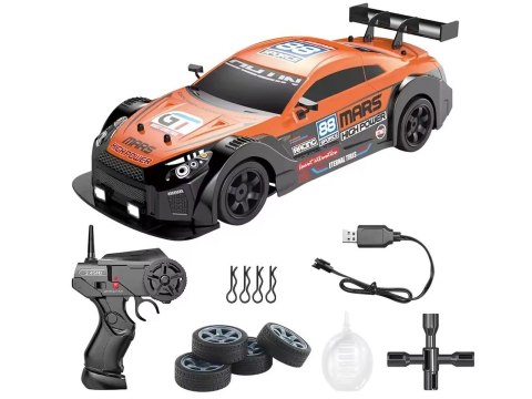 DUŻY Samochód Do Driftu Auto RC Drift 1:16 2,4 GHz PARA DYM 4WD Pomarańczowy Nissan GTR LED