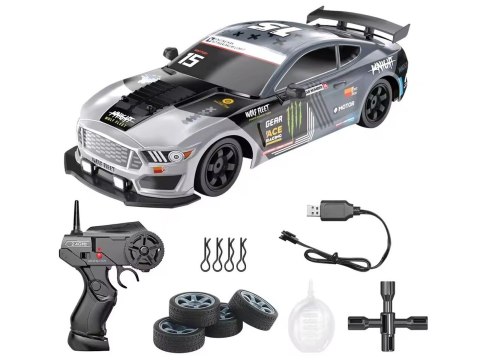 DUŻY Samochód Do Driftu Auto RC Drift 1:16 2,4 GHz PARA DYM Grafitowy Mustang 4WD LED