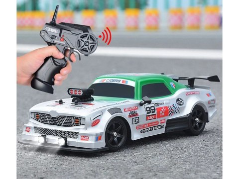 DUŻY Samochód Do Driftu Auto RC Drift 1:16 2,4 GHz PARA DYM Srebrny Dodge 4WD LED