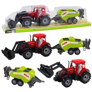 TRAKTOR Z ŁADOWACZEM I PRASĄ ROLNICZĄ ZESTAW 48CM RUCHOMA ŁYŻKA CZERWONY