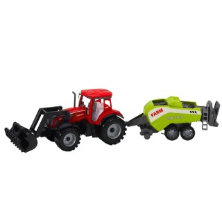 TRAKTOR Z ŁADOWACZEM I PRASĄ ROLNICZĄ ZESTAW 48CM RUCHOMA ŁYŻKA CZERWONY