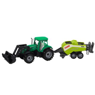 TRAKTOR Z ŁADOWACZEM I PRASĄ ROLNICZĄ ZESTAW 48CM RUCHOMA ŁYŻKA ZIELONY