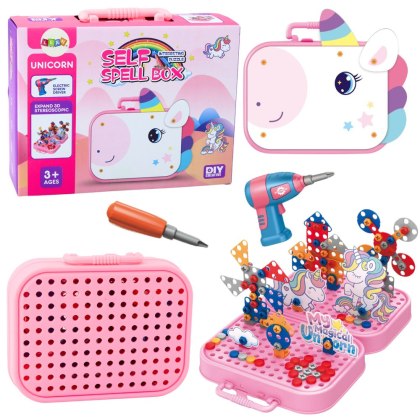 ZESTAW KONSTRUKCYJNY UKŁADANKA DO SKRĘCANIA W WALIZCE JEDNOROŻEC KLOCKI WKRĘTARKA 228EL.