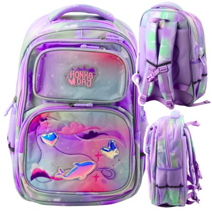 PLECAK SZKOLNY DELFIN SERCE PASTELOWY 20L 2 KOMORY 6 KIESZENI SZTYWNE PLECY