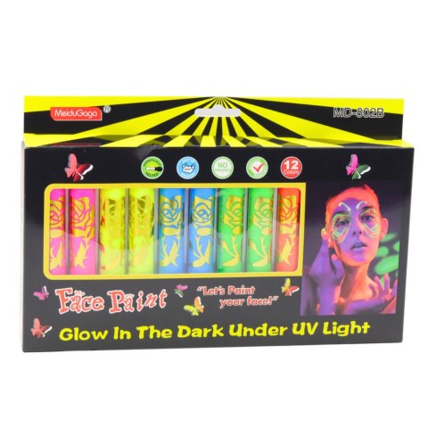 Zestaw Do Malowania Twarzy Pisaki Kredki Neonowe UV Fluorescencyjne 12szt