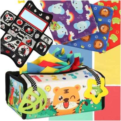 SORTER SENSORYCZNY PUDEŁKO Z CHUSTECZKAMI MONTESSORI MATA KONTRASTOWA 2W1