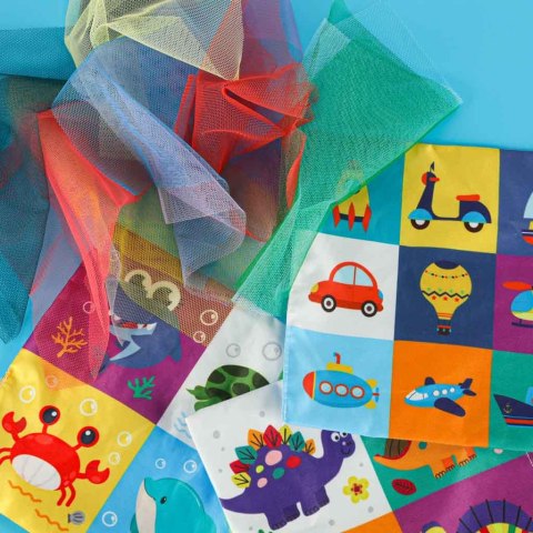 SORTER SENSORYCZNY PUDEŁKO Z CHUSTECZKAMI MONTESSORI PLUSZOWE CYFRY LITERY