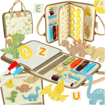 TABLICA MANIPULACYJNA SENSORYCZNA DLA DZIECI MONTESSORI WALIZKA DINOZAURY
