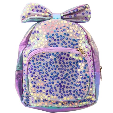 Plecak Dziecięcy Z Cekinami W Kwiatki Kokarda Fioletowy 22cm 2,8L Plecak Dziecięcy Z Cekinami W Kwiatki Kokarda Fioletowy 22cm 2,8L