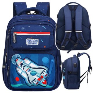 PLECAK SZKOLNY RAKIETA KOSMOS GRANATOWY 20L 41CM 2 KOMORY 5 KIESZENI PAS ODBLASKI