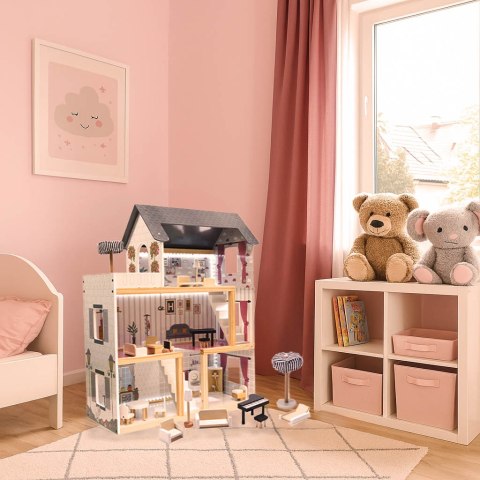 DUŻY DREWNIANY DOMEK DLA LALEK 78CM MDF MEBELKI ŚWIATŁA LED 3 PIĘTRA TARAS