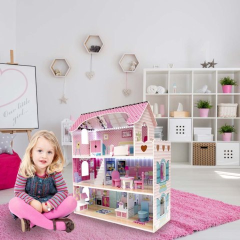 DREWNIANY DOMEK DLA LALEK MDF MEBELKI ZESTAW LED DUŻY 70CM 3 PIĘTRA RÓŻOWY