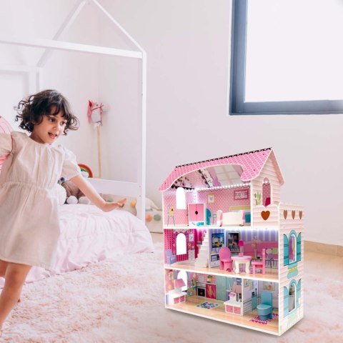 DREWNIANY DOMEK DLA LALEK MDF MEBELKI ZESTAW LED DUŻY 70CM 3 PIĘTRA RÓŻOWY