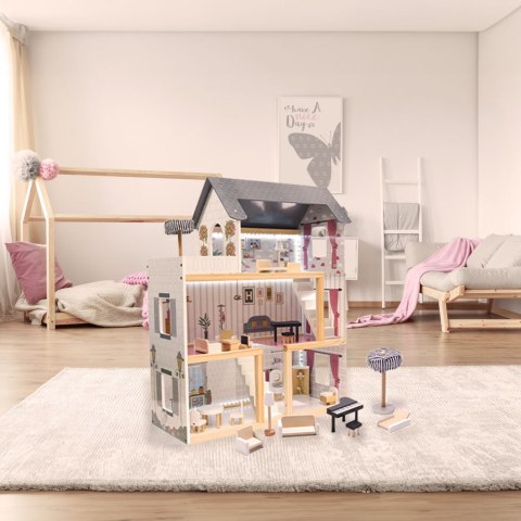 DUŻY DREWNIANY DOMEK DLA LALEK 78CM MDF MEBELKI ŚWIATŁA LED 3 PIĘTRA TARAS