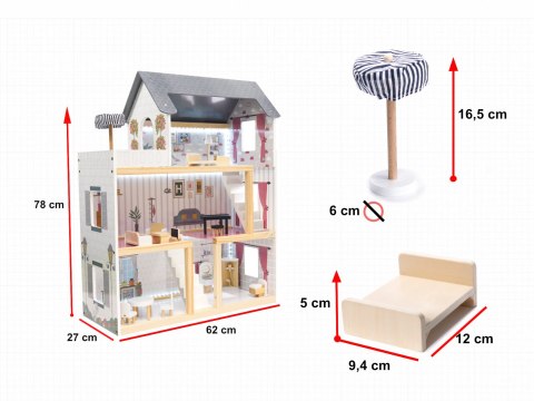 DUŻY DREWNIANY DOMEK DLA LALEK 78CM MDF MEBELKI ŚWIATŁA LED 3 PIĘTRA TARAS