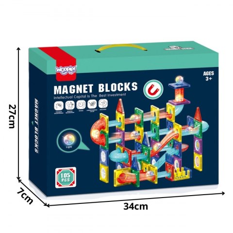 WOOPIE Klocki Magnetyczne Konstrukcyjne 3D Zestaw Edukacyjny Tor Kulkowy LED 105el.