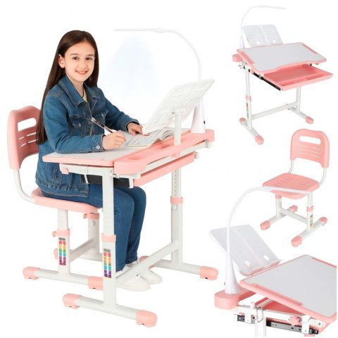 BIURKO DZIECIĘCE SZKOLNE REGULOWANE ERGONOMICZNE KRZESŁO LAMPKA LED USB