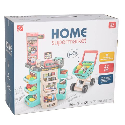 SKLEP SUPERMARKET KASA FISKALNA WÓZEK ZAKUPOWY AKCESORIA ZESTAW 47 EL.