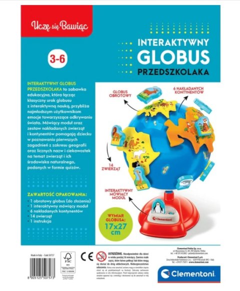 INTERAKTYWNY GLOBUS PRZEDSZKOLAKA CLEMENTONI GRA PLANSZOWA QUIZ MÓWI PO POLSKU