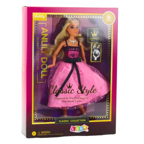 LALKA MODOWA ANLILY 30CM W RÓŻOWEJ SUKIENCE BALOWEJ KOLCZYKI NASZYJNIK