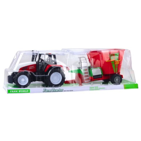 DUŻY TRAKTOR ROLNICZY CIĄGNIK FARMERSKI 60CM PRZYCZEPA MIESZALNIK PASZY CZERWONY