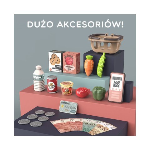 ELEKTRONICZNA KASA SKLEPOWA DLA DZIECI KOSZYK AKCESORIA DUŻY ZESTAW DŹWIĘKI