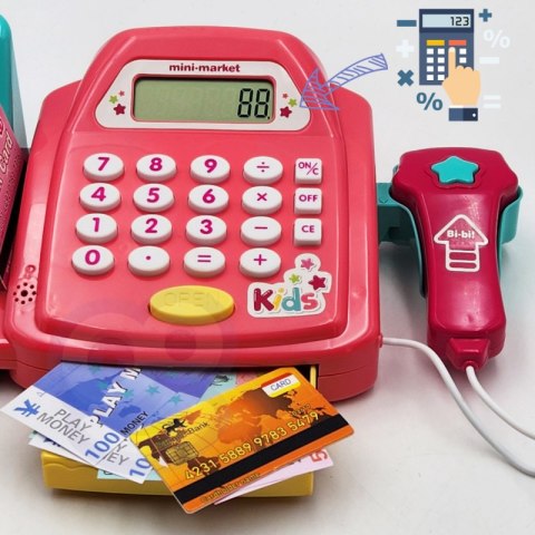 KASA SKLEPOWA DLA DZIECI KALKULATOR SKANER AKCESORIA PIENIĄDZE KARTY DŹWIĘK
