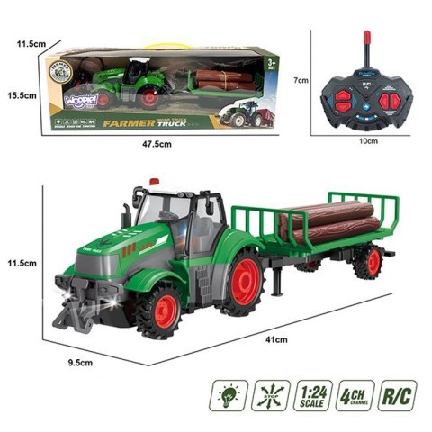 TRAKTOR Z PRZYCZEPĄ NA PILOTA STEROWANY RC SKALA 1:24 ŚWIATŁA LED KOGUT