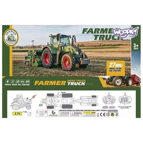 TRAKTOR Z PRZYCZEPĄ NA PILOTA STEROWANY RC SKALA 1:24 ŚWIATŁA LED KOGUT