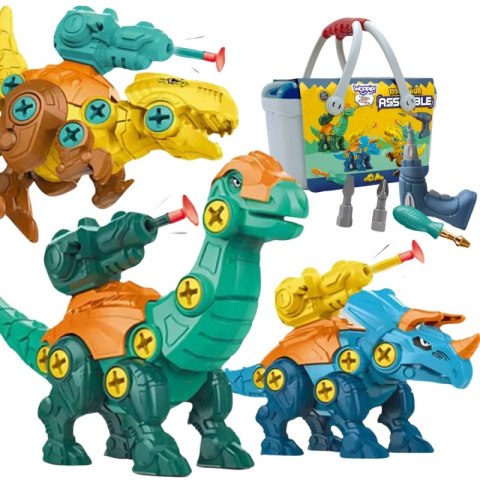 ZESTAW DINOZAURY DO SKRĘCANIA 3 SZT. KONSTRUKCYJNY W PUDEŁKU WIERTARKA