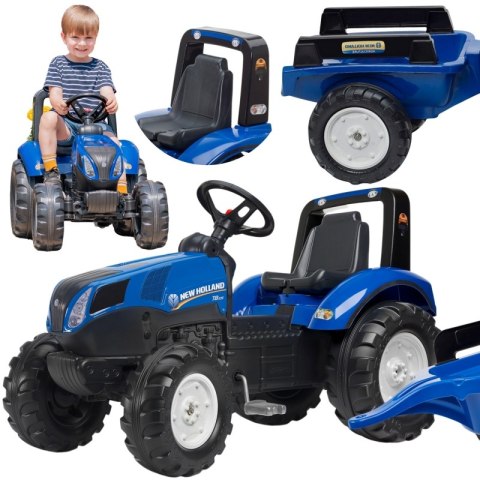 DUŻY TRAKTOR NA PEDAŁY FALK NEW HOLLAND Z PRZYCZEPĄ DLA DZIECI 3-7 LAT 50KG