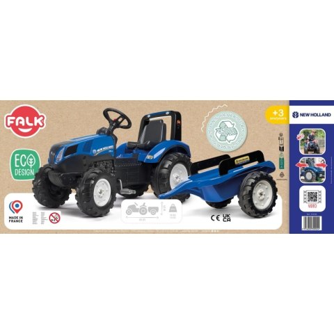 DUŻY TRAKTOR NA PEDAŁY FALK NEW HOLLAND Z PRZYCZEPĄ DLA DZIECI 3-7 LAT 50KG